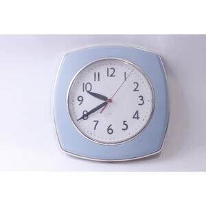 Blue-White Wall Clock, 1960s diner style MSE, Arabic numerals, 1990s 10 inches,